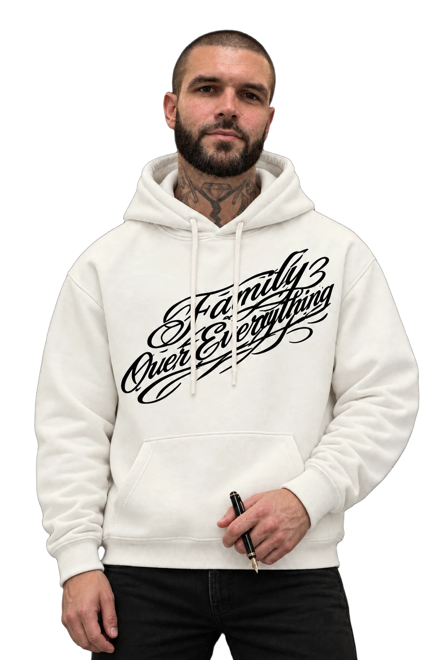 Fugee in a cream-white Family Over Everything hoodie, a calm half-smile, holding a fountain pen